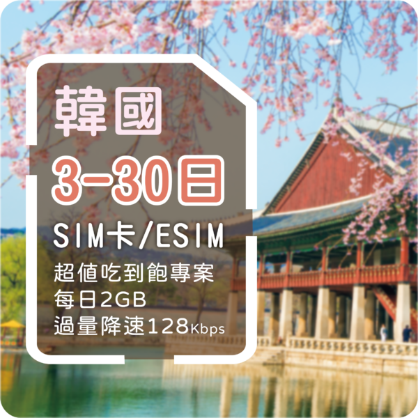 韓國旅遊上網卡-每天2G後降速128K(天)